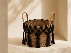 CESTO NATURAL CON MACRAME NEGRO