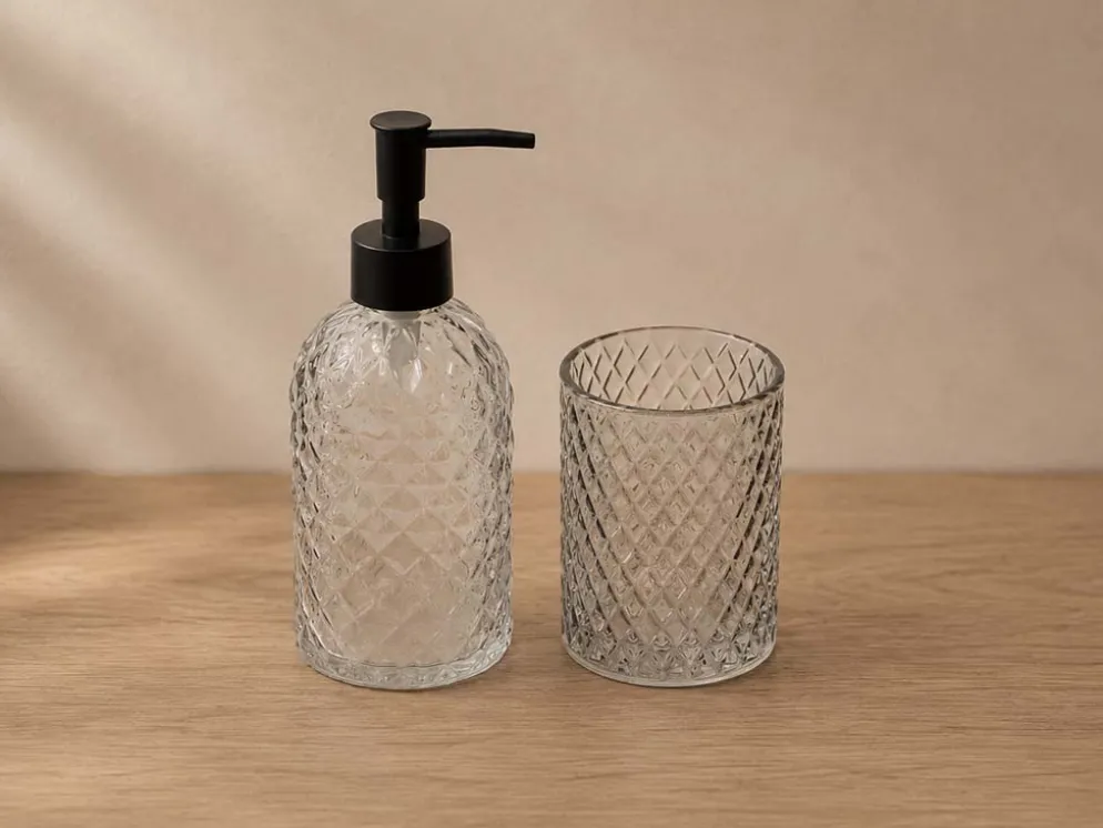 DOSIFICADOR Y VASO BAÑO GRIS DIAMANTE CRISTAL