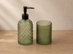 DOSIFICADOR Y VASO BAÑO VERDE DIAMANTE CRISTAL