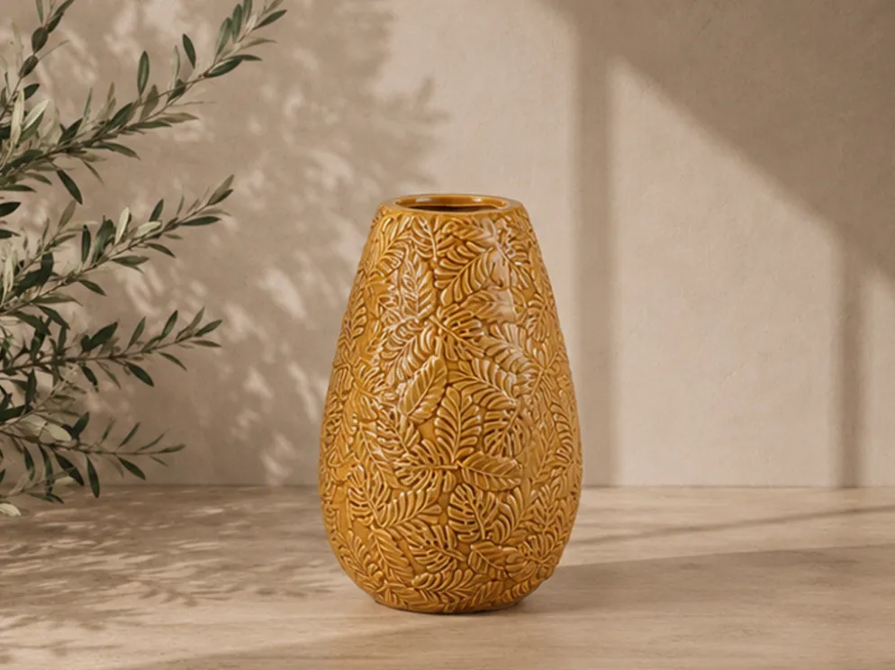 JARRON CERAMICA HOJAS 17X27 OCRE