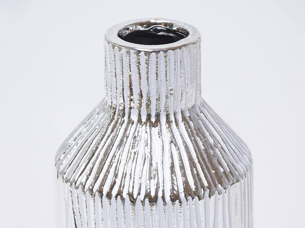 JARRON RAYADO BLANCO/PLATA Ø10X25CM