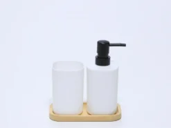 JUEGO DE BAÑO BLANCO CON BANDEJA BAMBU