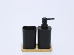 JUEGO DE BAÑO NEGRO CON BANDEJA BAMBU