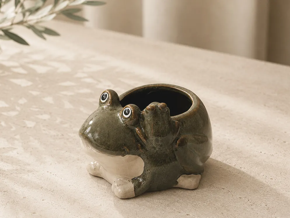 MACETA RANA 15CM VERDE PORCELANA