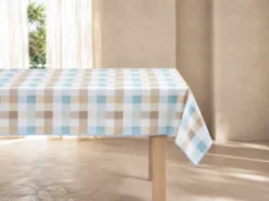 MANTEL ANTIMANCHAS 140X320 CUADROS CELESTE