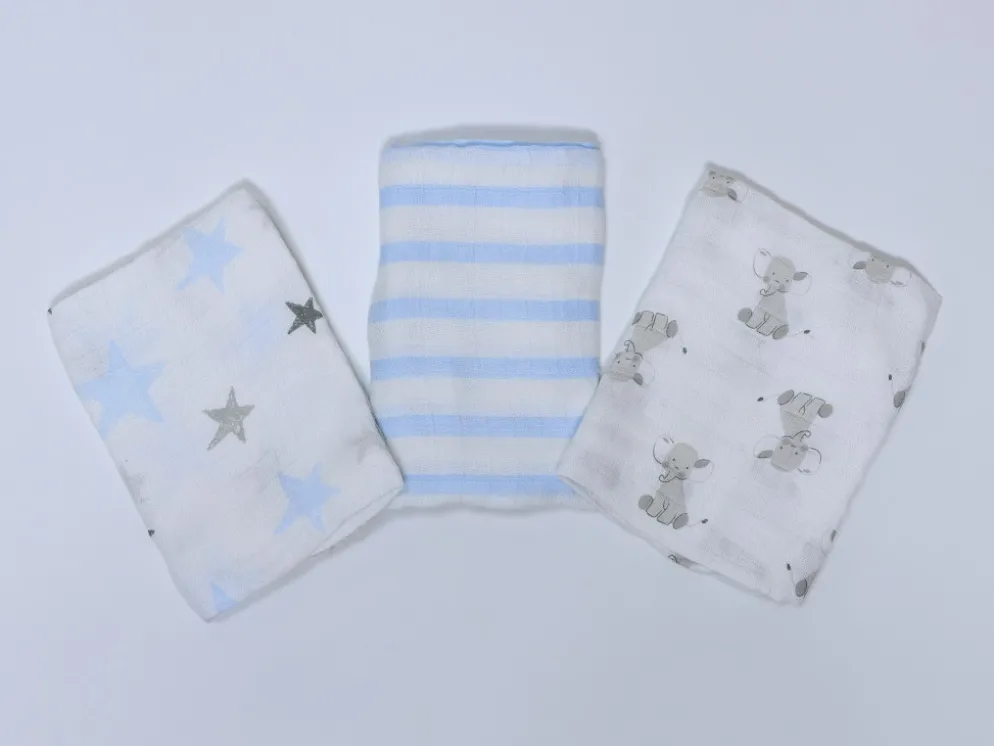 MUSELINAS 100% BAMBU AZUL 3PZS ELEFANTE